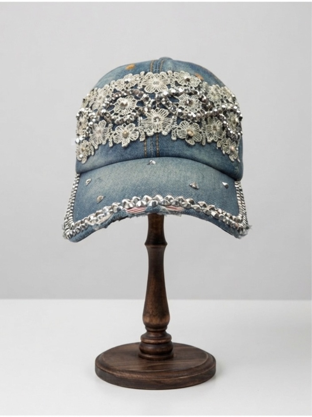 NWT Capelli New York Rhinestone & Lace Distressed Denim Baseball Cap